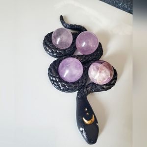 Handmade crystal sphere holder holds 4 amethyst spheres